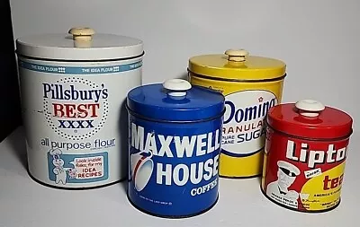 Set Of 4 Pillsbury Domino Maxwell House Lipton Tea Vintage Metal Tin Canister • $89.97