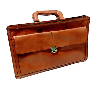 VTG Leather Briefcase 16.5  Italian Leather Attaché Italy Tan Zipper Compartment • $179