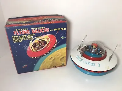 Vintage KO Japan Battery Powered Flying Saucer Pilot Tin Toy Space Patrol 3 • $274.95