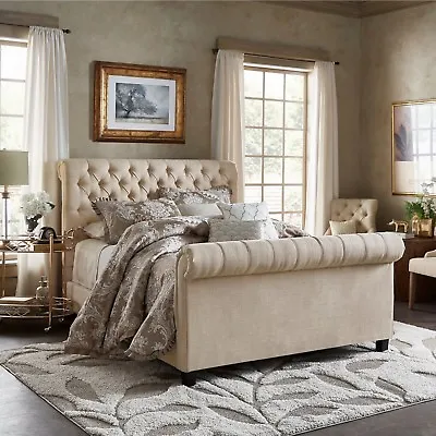 Sleigh Bed Scroll Fabric Bed Frame Upholstered Chesterfield Velvet - Smooth • £304.99