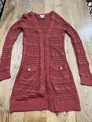 Matilda Jane Rust Red Open Knit Long Cardigan Lightweight Sweater Size M • $18.99