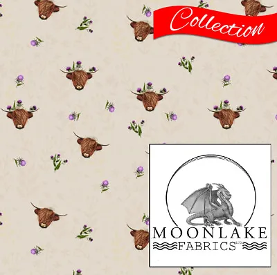 Highland Cow And Thistle Fabric 100% Cotton Poplin *Various Colour Options * • £5.45