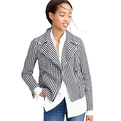 J CREW Navy White Gingham Zippered Motorcycle Jacket Cropped NWT Women's 4 • $96.11