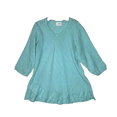 La Fixsun Turquoise Linen Stripe Round Neck Women’s Blouse Made In USA • $21