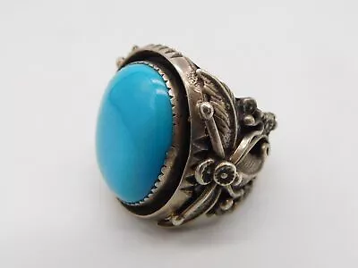 Native American Indian Sterling Silver Blue Turquoise Stone Men's Seed Leaf Ring • $250