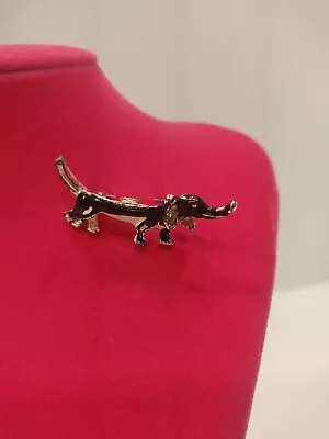 Vintage Dachshund Brooch Bowtie Pin Gold Tone With Black And White Enamel • $4