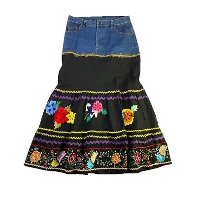 Vintage 90s Y2K Denim And Black Mexican Floral Embroidery Long Skirt Size Medium • $45.57