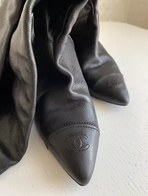 Chanel Black Grain Leather Toe Cap CC Logo Knee Boots 415EU 115US • £385.77