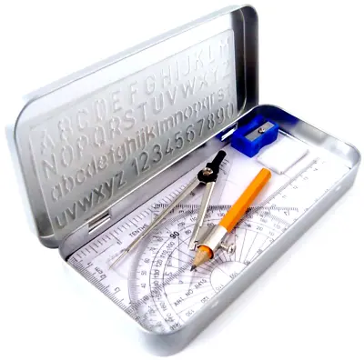 Maths Set Geometry Set Metal Pencil Case Tin Compass Set School College 10pcs • £3.95
