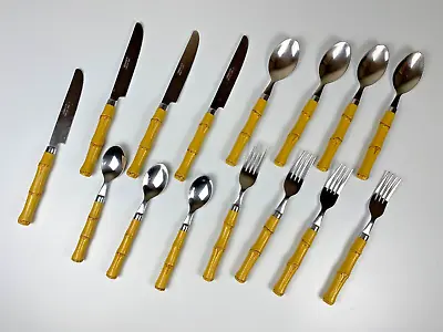 CAMBRIDGE Faux Bamboo Stainless Flatware 15 Piece Service For 4 Fork Spoon Knife • $36.88