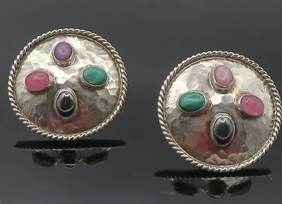 MEXICO 925 Silver - Vintage Hematite & Multi-Stone Non Pierce Earrings - EG5942 • $98.91