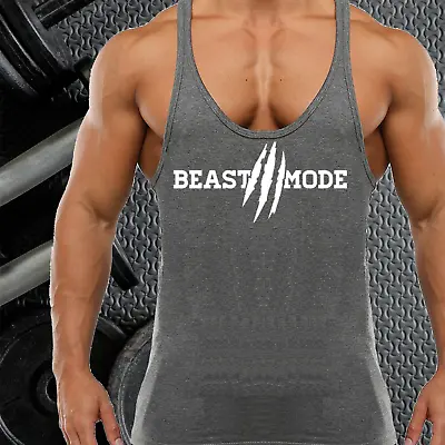 Beast Mode Gym Vest Stringer Bodybuilding Weights Lifting Top Fitted Muscles Top • £8.99