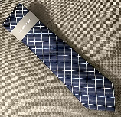 Michael Kors Men's Neck Tie Navy Blue Plaid Silk Blend MSRP $69.50 • $14.99