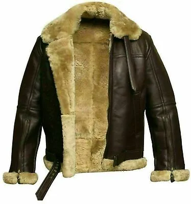 Mens RAF B3 Bomber Real Leather Sheepskin Pilot Flying Aviator Fur Coat Jacket • $249.99