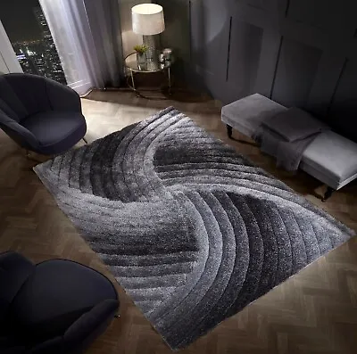 3D SWIRL Shaggy Rug SHIMMER SPARKLE Carved HEAVYWEIGHT Thick Pile GREY SILVER  • £73.49