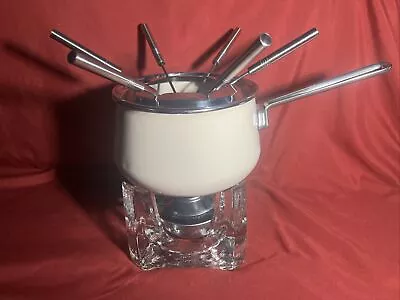 Vintage Chantal Fire & Ice Beige Enamel Fondue Pot W/Glass Base & Burner EUC • $90