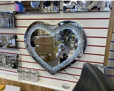 *NEW STUNNING*Diamond Crushed LED Heart Wall Mirror Silver Crystal 80x70cm Light • £99.99