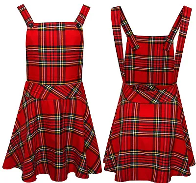 Ladies Womens Tartan Check Pinafore Dungarees Buttoned Mini Skirt Dress 8 - 14 • £11.99