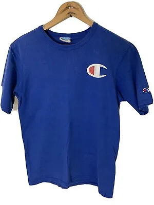 Vintage 80s 90s Champion Logo T Shirt Blue Mens Medium Big C Spellout • $12.96