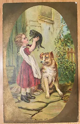 Vintage Victorian Postcard 1909 Kiss Me - Girl With Cat & Dog • $8