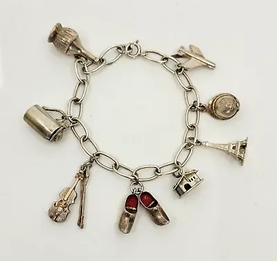 Vintage 835-800 Silver Charm Bracelet Eiffel Violin &Bow HB Stein St Moritz • $89.50