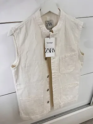 ZARA TEXTURED LONG DENIM WAISTCOAT With Pockets 2023 Sold Out Size S RRP £49.99 • £30