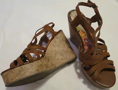 Madden Girl Wedge Sandals Brown Faux Leather Straps Shoes  9 • $14.99