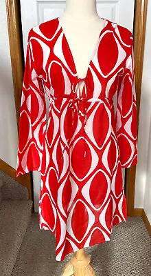 Echo Swimsuit Beach Cover Up Dress Womens L Red & White Print Sheer Front Ties • $19.99