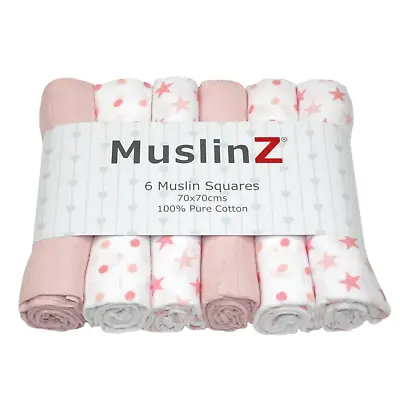 MuslinZ 6PK Baby Muslin Squares Cloths 70cm 100% Pure Soft Cotton Pale Pink Star • £13.99