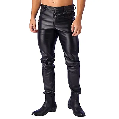 US Mens Pants PU Leather Mens Trousers Retro Dance Pants Faux Leather Biker Moto • $21.95