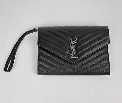 Saint Laurent Monogram Embossed Black Leather Clutch Bag New • $1133.04