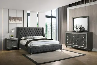 NEW Modern Queen King 4PC Bedroom Set Black Contemporary Crystal Trim Bed/D/M/N • $2099.99