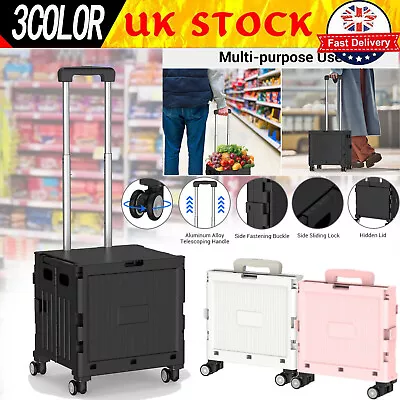 Collapsible Shopping Box Trolley On Wheels & Lid Folding 360°Rotate Trolley Cart • £26.99