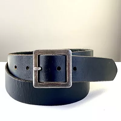 Black Leather Belt Mens XL Square Silver Tone Buckle Full Grain Biker Street VTG • $48