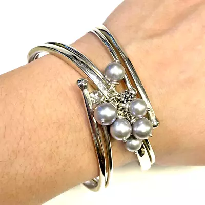 Michael Dawkins 925 Sterling Silver Pearl & Blue Topaz Openwork Cuff Bracelet • $104.30