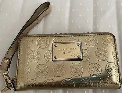 Michael Kors Gold Glossy Wristlet Bag Gold Hardware Patent Leather Purse • $19.99