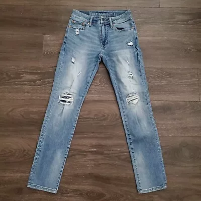 American Eagle Slim Jeans Mens 28x32 Straight Distressed Patched Denim Tag 29x32 • $19.99