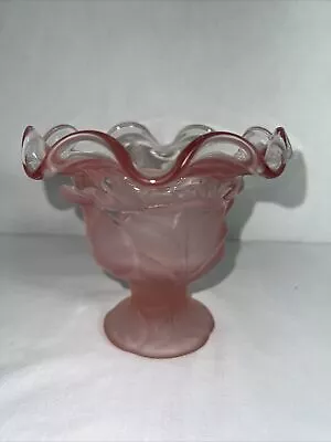 Viking Glass Epic Leaf Compote Vase Pink Satin Frost 1980 Spring Blossoms • $17