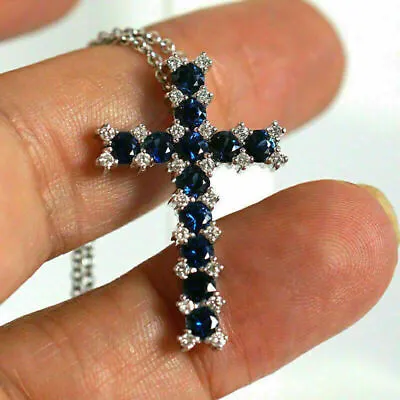 2Ct Lab Created Round Blue Sapphire & Cross Pendant 14k  Gold Plated Silver • $103.96