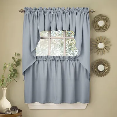 Light Blue Opaque Solid Ribcord Kitchen Curtains Choice Of Tier Valance Or Swag • $13.49