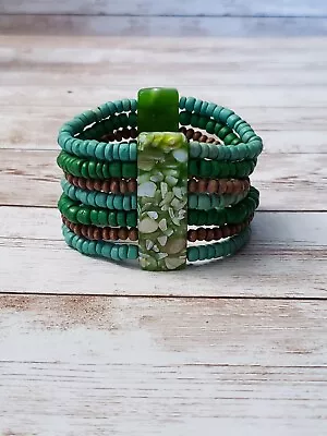 Vintage Stretch Bracelet / Bangle Green & Brown Tones - Wide Bracelet • $13.99