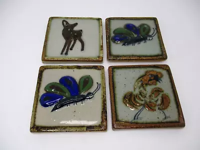 Set Of Four Mexican Tonala Tiles 2 Butterflies 1 Deer 1 Chicken 2 1/2  • $21.99