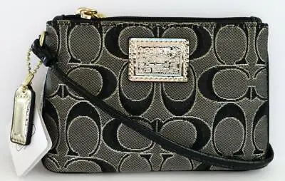 New NWT Coach Poppy Black & Gold Signature & Leather Wristlet Wallet 46131 • $39.99