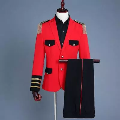 2PC Men's Epaulet Military Dress Suit Coat Tops Slim Fit Court Single Breasted • $84.78