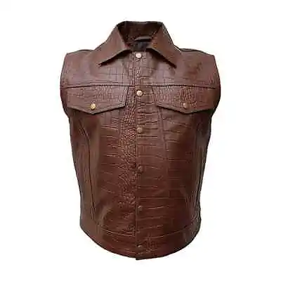 Mens Brown Alligator / Crocodile Print Leather Waistcoat Motorcycle Bikers Vest • £64.99