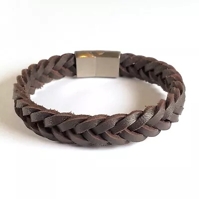 Mens Leather Bracelet Braided Surfer Wristband Stainless Steel Magnetic Clasp UK • £7.95