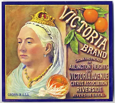 QUEEN VICTORIA~ORIGINAL 1930s RIVERSIDE CALIFORNIA OLD ORANGE FRUIT CRATE LABEL • $5.96