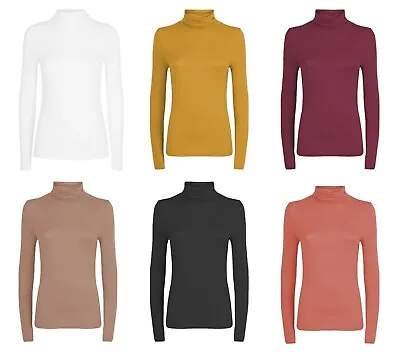 Womens Cotton Plain Long Sleeve Casual Roll Polo Turtle Neck Jumper Top 8-18 • £7.49