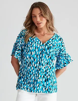 ROCKMANS - Womens Summer Tops - Blue Blouse / Shirt - Linen - Abstract - Casual • £14.38