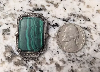 Antique Art Deco Malachite And Sterling Silver Brooch Clasp Pin • $49.90